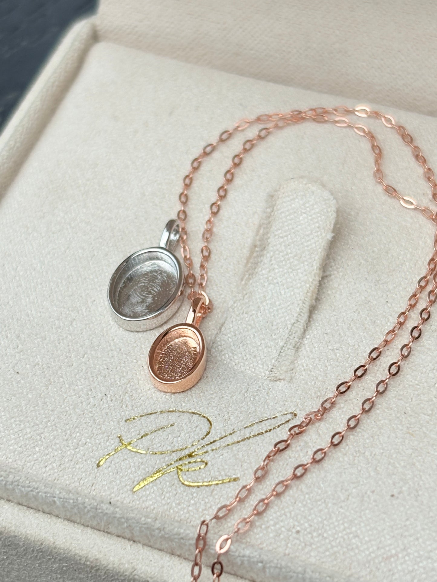 Small (2x4mm) 14k Rose Gold White Gold Plated Oval Pendant + 18" Rose Gold Chain