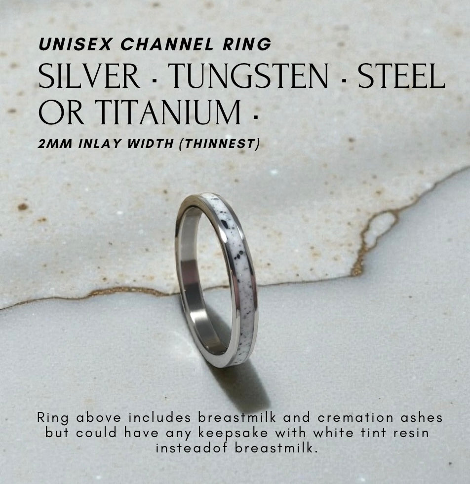Unisex Silver Channel Ring • 2mm Thick • Cremation Ash Example