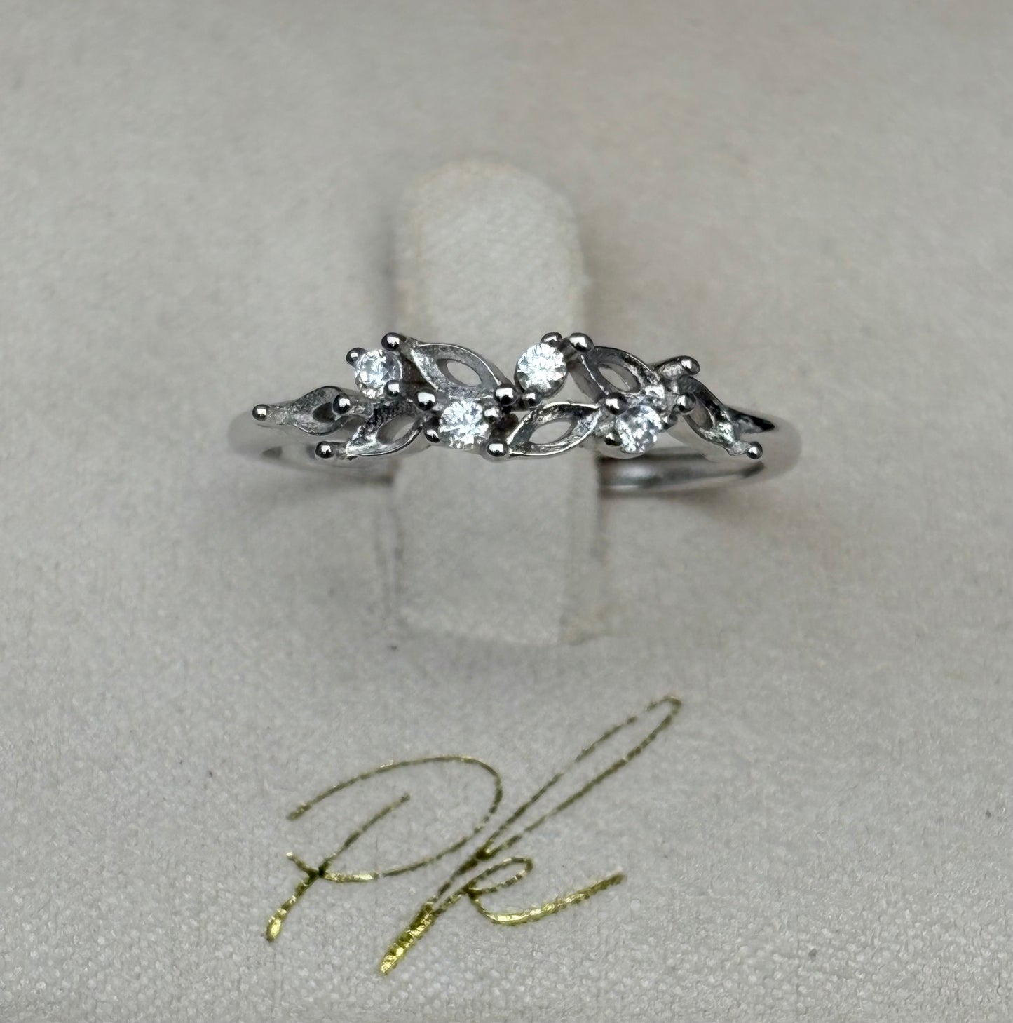 14k White Gold Plated Diamond Olive Branch Ring + Diamond Cubic Zirconia + Adjustable Band (US Size 5-9)