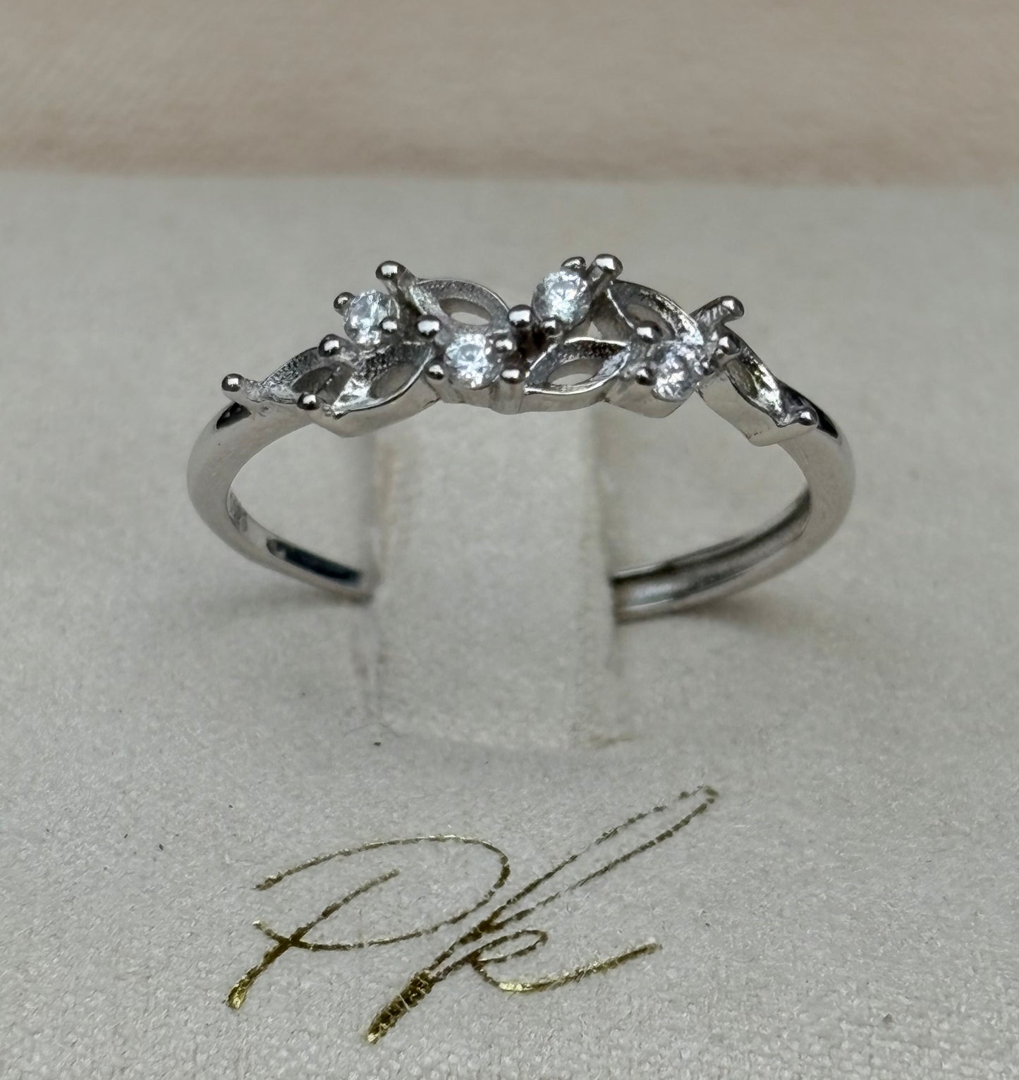 14k White Gold Plated Diamond Olive Branch Ring + Diamond Cubic Zirconia + Adjustable Band (US Size 5-9)
