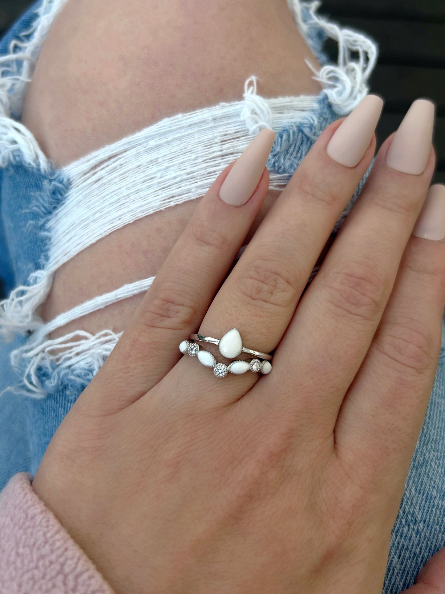 Small Teardrop Breastmilk Ring + Princess Marquise Ring Stacking Set