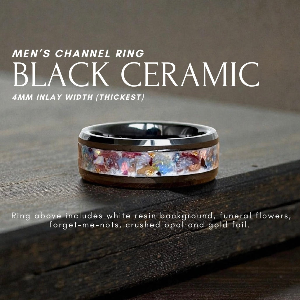 Men's Channel Ring - Black Ceramic (Cremation Ashes, Dark Resin + Opal)