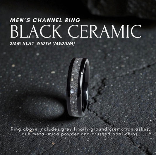 Men's Channel Ring - Black Ceramic (Cremation Ashes, Dark Resin + Opal)