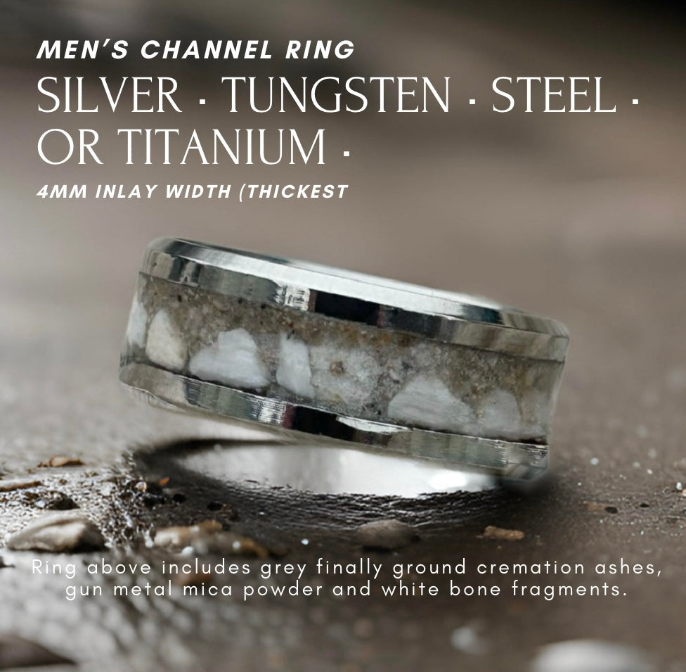 Men's Channel Ring - Sterling Silver, Titanium or Tungsten (Dark Cremation Ash Example)