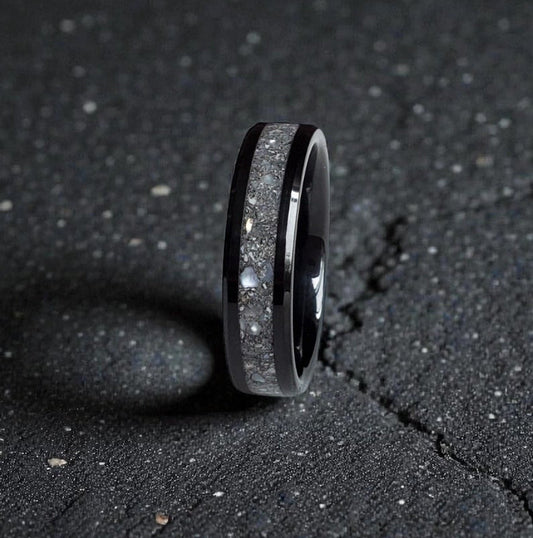 Men's Channel Ring - Black Ceramic (Cremation Ashes, Dark Resin + Opal)