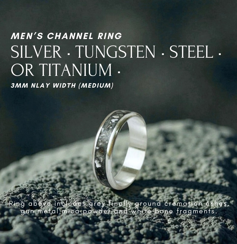 Men's Channel Ring - Sterling Silver, Titanium or Tungsten (Dark Cremation Ash Example)