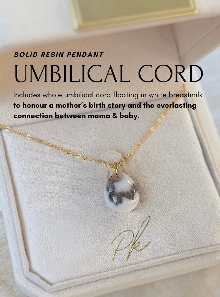 Small Breastmilk + Whole Umbilical Cord • Teardrop Pendant • Solid Resin • Necklace