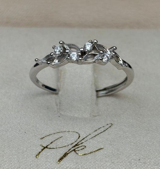 14k White Gold Plated Diamond Olive Branch Ring + Diamond Cubic Zirconia + Adjustable Band (US Size 5-9)