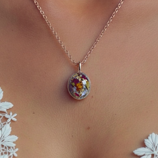 14k Gold Plated • Oval Necklace Pendant • Wedding or Funeral Flower Example