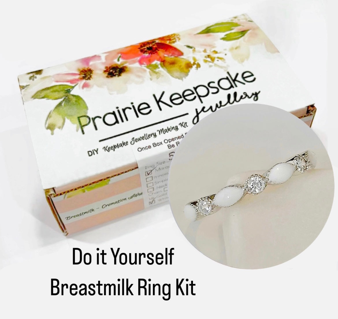 DIY Kit White Gold Plated Marquise Ring Breastmilk or Keepsake Jewellery Kit