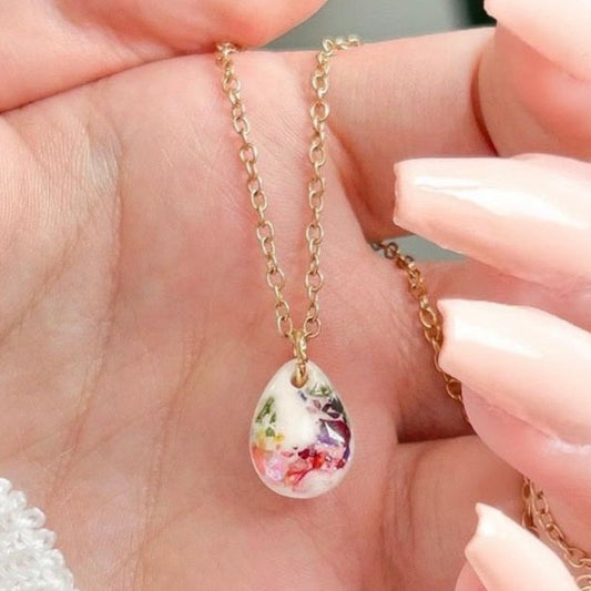 Small Wedding Flower & White Resin Teardrop Necklace