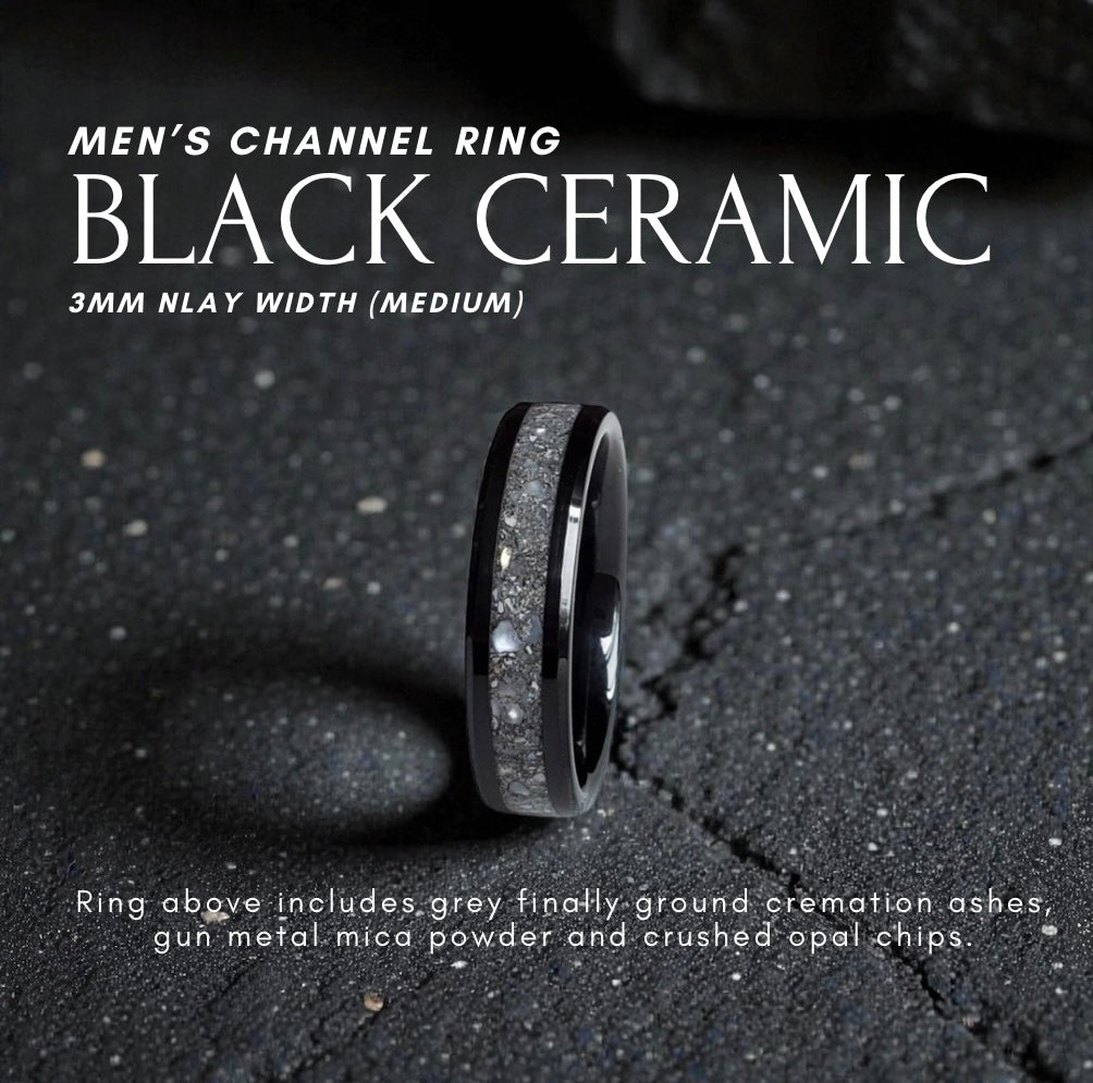 Men's Channel Ring - Black Ceramic (Cremation Ashes, Dark Resin + Opal)