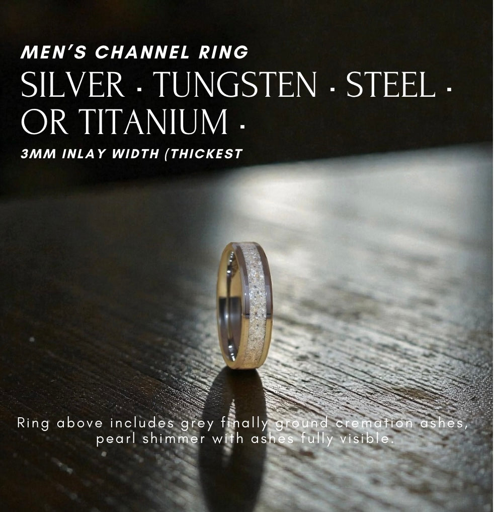 Men's Channel Ring - Sterling Silver, Titanium or Tungsten (Natural Cremation Ash Example)