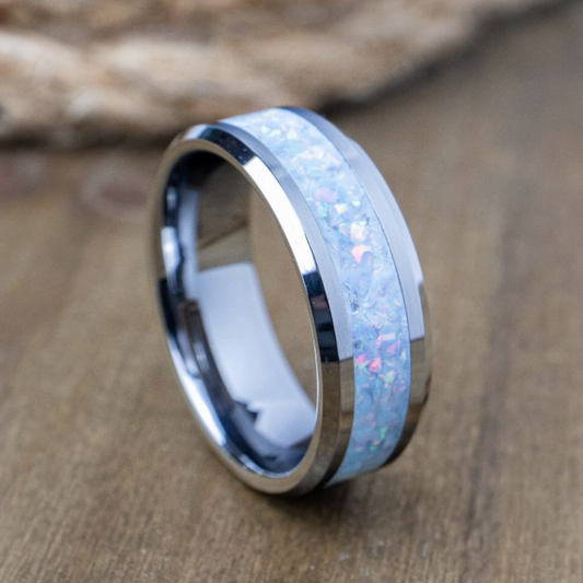 Men's Channel Ring - Sterling Silver, Titanium or Tungsten (Opal + White Tint Cremation Ash Example)